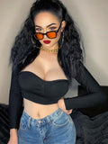Top Women Long Sleeve Crop Top Square Neck T-Shirt Fairy Grunge Solid White Hook Eye Tops Sexy Brown Tee Shirt Y2K