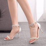 Cm Sexy Temperament Word With Shallow Mouth Fine High Heel Sandals White Fine Heel Beaded Sandals