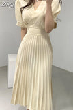 Elegant V-Neck Slim Office Lady Casual A-Line Bandge Pleated Bodycon Chiffon Midi Dress for Women Clothing Summer