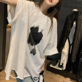 2022 Women's Hole Printed Short Sleeve Harajuku Streetwear Oversized Tee T Shirt Casual Loose All-match Basic Top