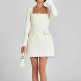 Tweed Solid Beaded Seam Mini Dress- Outfit