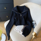 Half-Zipped Navy Collar Lazy Wind Sweater Female With Autumn And Winter Knit Sweater Loose Outside Wearing Soft Waxy Short Top-Outfit
