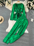 Fashion Sweater Two Pieces Sets Ladies Long Sleeve Knit Cardigan+Wide Leg Long Pant Sets Women OL Loose Knitted