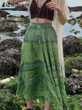 SUCHCUTE Harajuku Patchwork Maxi Skirt Women Grunge Fairycore Green Long Skirts Aesthetic Vintage Casual Streetwear 90s