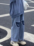 Harajuku Women Cute Hip Hop Bear Jeans Egirl Wide Leg Pants Straight Trousers Female High Waist Denim Baggy Kawaii
