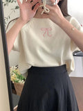 Round Neck Bow Print Short Sleeved Knitted Top-Outfit