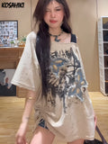 Aesthetic Butterfly Tassels T-shirts Harajuku Oversized Skew Collar Off Shoulder Tops Women Streetwear Grunge Casual