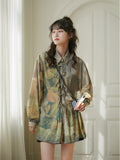 Renaissance Print Long Shirt Women Long Sleeve Blouse Tie Vintage Top Loose Button Up Collar Shirt Fashion