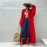 Casual Solid Long Sleeve Self Belted Kimono Dress Plus Size Women Casual Elastic Waist Long Loose Slit Beach Dress