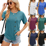 Zingj 2024 New Round Collar Button Irregular Splicing Loose T-Shirt Women-Outfit
