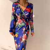 Floral Print High Waist with Belt Women Midi Dress Y2K 2021 Summer Casual Long Sleeve Deep V-neck Bodycon