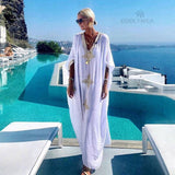 Elegant Gold Embroidered Kaftan Retro V-neck White Dress Plus Size Women Clothes Summer Beach Wear Swim Maxi Dresses