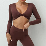 Cross V-neck Sporty T-shirt Women Sportswear Gym Workout Top Long Sleeve Fitness Sport Shirts Female Yoga Clothes Crop
