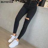Stylish Black Skinny Jeans Women Streetwear High Waist Ripped Holes Pencil Jeans Stretchable Female Denim Jeans