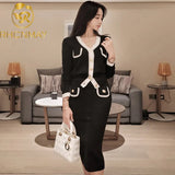 Suit skirt V-neck Colorblock Single-breasted Cardigan Sweater Knitted 2 Pieces Suits Work Business Knit