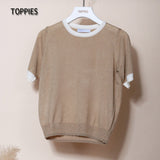 Summer Knitted T-shirts Women Short Sleeve Tops Tee Contrast Color Slim T-shirts O-neck