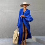 Casual Solid Long Sleeve Self Belted Kimono Dress Plus Size Women Casual Elastic Waist Long Loose Slit Beach Dress