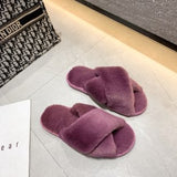 Zingj Slippers Female 2023 Autumn And Winter New Women Flat Toe Home Cross Plush Slippers- Outfit