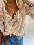 Lace Chiffon Blouse Women's Shirt 2023 Autumn Lace Blouse Casual Loose Tops Office Lady See Through Clothing