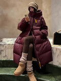 Korean Version Of Big Quilt Down Jacket Female Long Style 2024 Winter New Thickened Ribbon Hood Extremely Cold Warm Coat Plus Size-Outfit