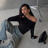 Black Asymmetrical Cut Out Off Shoulder Long Sleeve Top- Outfit