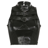 Wind PU Leather Metal Buckle Sleeveless Vest Women 2025 Summer New Dark Body