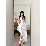 Korean Holiday Style White Lace Splicing Sling Dress Women's 2025 Summer Irregular