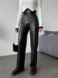 Zingj Women's Fall / Winter 2024 High-Waisted Leather Patchwork Trousers For Women's Casual Pants Leather