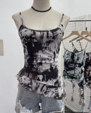 Solid Shooting Wasteland Style Personality Letter Tie-Dye Printing Mesh Sling Sling Babes Irregular Tuxedo Small Vest