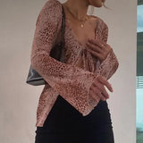 Spring Female Mesh T-shirt Y2K Vintage Print Sexy Women Front Cross Tie Up V Neck Long Split Flare Sleeve Crop Tops