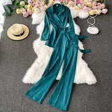 Summer New Women Notched Lace Thin Shirt Top High Waist Slim Solid Casual Wide-leg Pants Office Ladies Two Piece