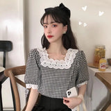 Women Plaid Mujer De Moda Korean Style Hipster Lace Fashion Sweet Preppy Students Simple Ropa Summer High Street