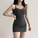 Zingj Chic Summer Retro Bright Line Design Sense Small Minority Slim Show Thin Bag Hip Jeans Sling Dress