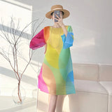 House Folded Spring And Summer New Geometric Impact Color Printing Dress Loose Meat Masking Long Sleeve Color