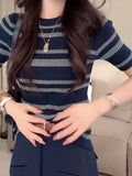 Design Sense Niche Sleek Striped Short-Sleeved Knitted Shirt 2025 Summer New Fashion Thin