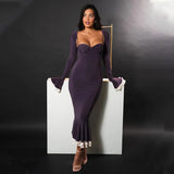 Solid Long Flared Two-piece Crop Sleeve Midi Dress- Outfit