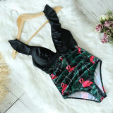 Sexy One Piece Swimsuit Female Swimwear Women Print Floral Bandage Shoulder Ruffle Brazilian Backless