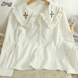 Flowers Embroidery Peter Pan Collar Blouses Women Autumn Japanese Sweet Ruffled Long Sleeve Corduroy Shirt Female