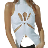 Zingj Irregular Sleeveless Hollow Out Kink Wool Woven Vest Women's Fashion Half High Collar Solid Color Crop Top-Outfit