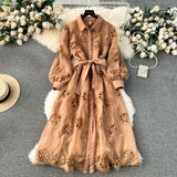 Zingj Style Dress Women's 2024 New Heavy Industry Embroidery Hollowed-Out Flower Buckle Slim Medium-Long Bubble Sleeve