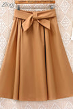 Women Preppy Style Summer Skirt Casual A-line Solid With Belt Mid-length Fashion Elegant Chic Girls Midi Skirts
