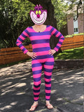 Women's Cheshire Cat Halloween Costume Pink Purple Striped Long Sleeve Jumpsuit Cosplay Outfit Party Club