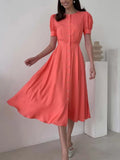 Fashion Loose Long Waist Maxi Dresses Elegant Button Party Long Dress Women Fashion O-Neck Puff Sleeve Solid A-Line