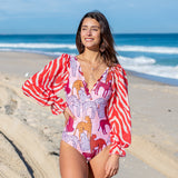 New Sexy One Piece Swimsuit Long SleevesSwimwear Women Bandage Bathing Suit Beachwear Print Monokini