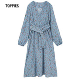 2021 Dress Sexy V Neck Floral Printed Elastic High Waist Long Sleeve A Line Fashion Women's