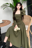 Elegant Party Casual Lady Long Dresses Retro Folds Puff Sleeves Fashionable Sexy Design Slimming Waist Green Dress 211-1-Outfit