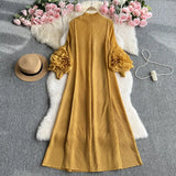 Zingj Sense Of Socialite Temperament Three House Pleated Lantern Long Sleeve Collar Loose A Line Solid Color Dress Elegant