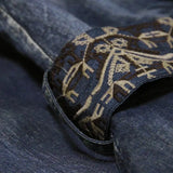New Adult Women's Retro Dark Blue Jeanswear V-Neck Midsleeved Embroidery Belt Slimming Denim