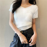 Summer Short Sleeve Korean Style Sweater V-Neck Knitted Pullover Women Sweaters Basic Thin Tops Pull Femme Jumper