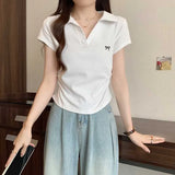 Embroidered Bow Polo Collar Short Sleeve TeeOutfit